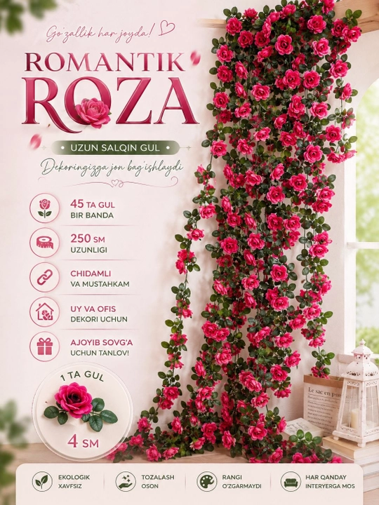 Dekor va interyer uchun sun'iy osilchoq gul, uzunligi 250 sm, 45 ta gul - 