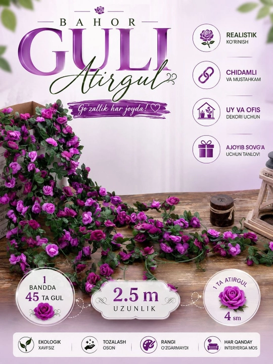Dekor va interyer uchun sun'iy osilchoq gul, uzunligi 250 sm, 45 ta gul - 
