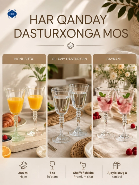 Shisha fujerlar to‘plami 6 dona, rangli va shaffof bokallar 210, 270, 300 ml, bayram uchun