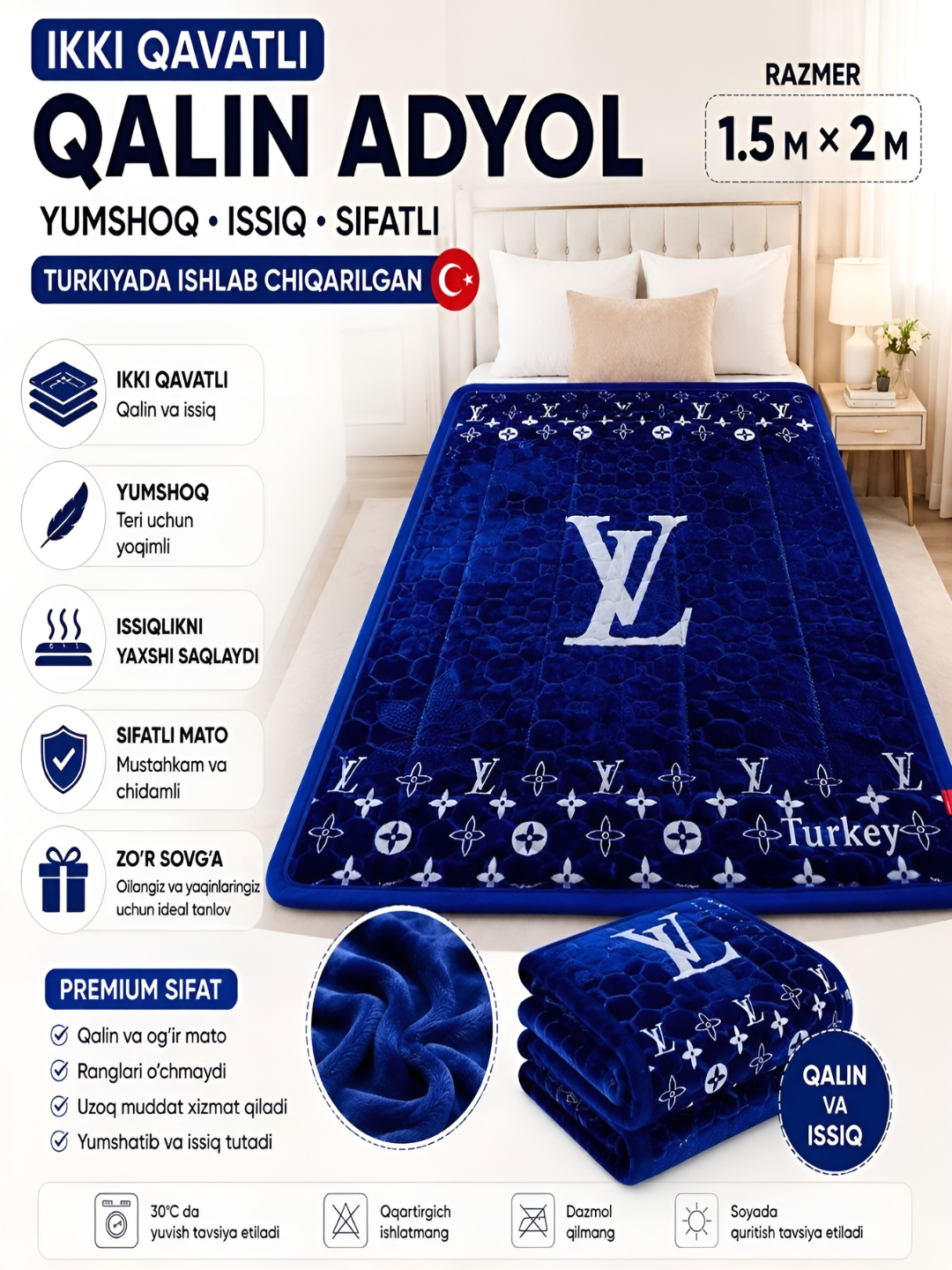 Qalin ikki qavatli, bir kishilik adyol, o'lchami 150 * 200 sm - 