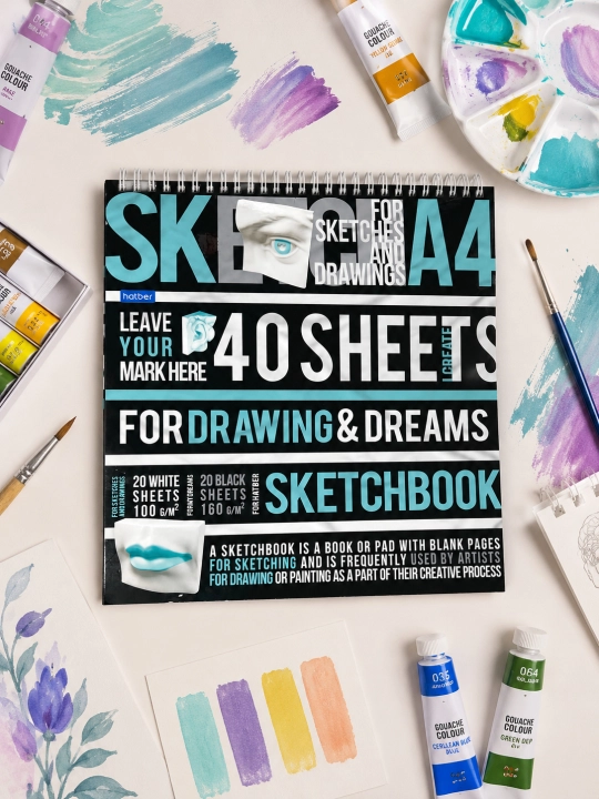 Premium SketchBook daftari 40 varaq, 20 varaq oq ofset 100 g + 20 varaq qora ofset 160 g