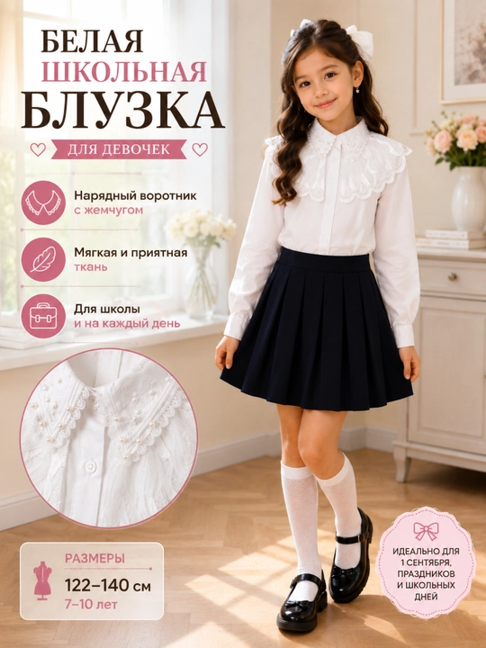 Белая школьная блузка для девочки, белая блузка, школьная рубашка, школьная форма - 