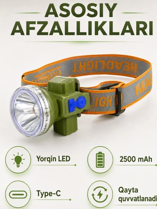 Bosh fonari OKGO FA-168, 20 W, qayta quvvatlanadigan, bosh tasmali, qutisi bilan - 
