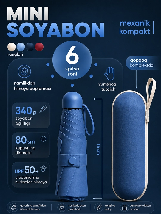 Mexanik kompakt mini soyabon, 6 tayoqcha, UPF 50+, suv o'tkazmaydigan, g'ilofli - 