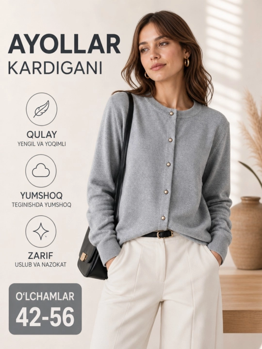 Ayollar kardigani, tugmali, uzun yengli, kuzgi trikotaj ustki kiyim