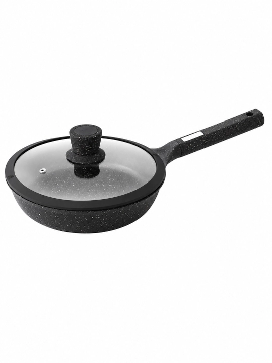 Сковородка HausRoland глубокая со стеклянной крышкой и длинной ручкой, черная