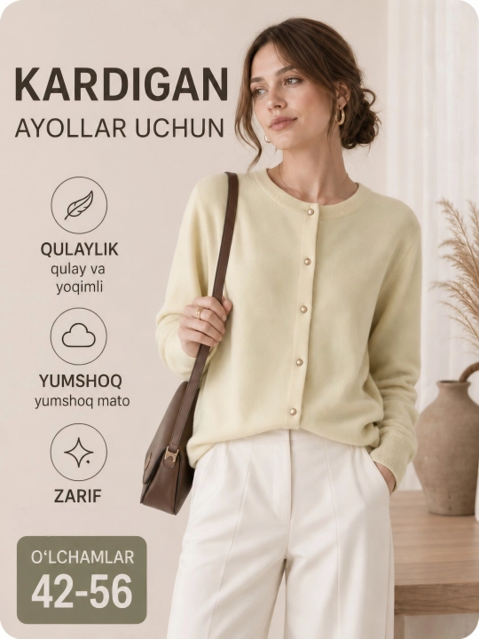 Ayollar kardigani, tugmali, uzun yengli, kuzgi trikotaj ustki kiyim - 