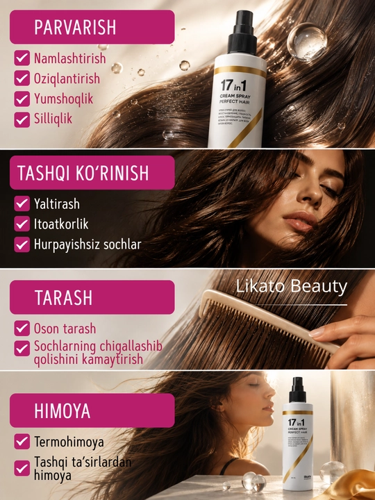 Soch uchun sprey Likato, sochga sprey termo zashita, soch parvarishi, 17 tasi 1 da, 250 ml
