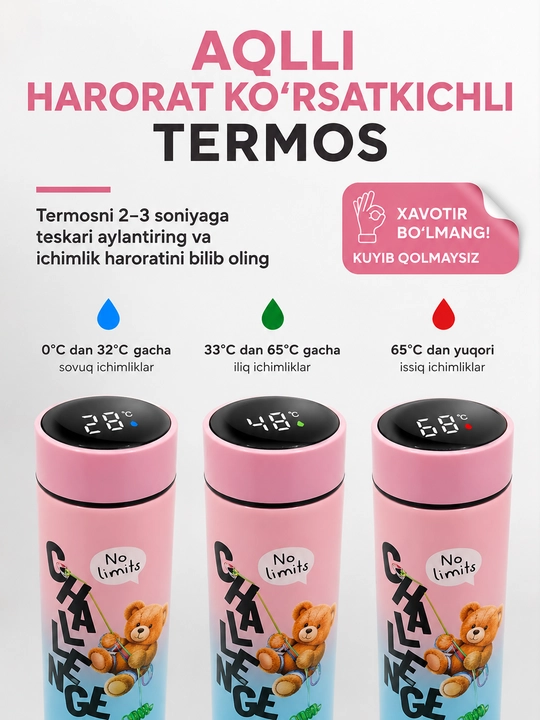 Termos, 500 ml, aqlli harorat indikatori, 304 zanglamas po‘lat, bolalar uchun ajoyib sovg'a