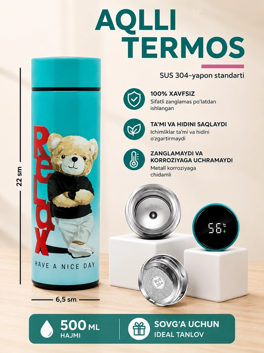 Termos, 500 ml, aqlli harorat indikatori, 304 zanglamas po‘lat, bolalar uchun ajoyib sovg'a - 