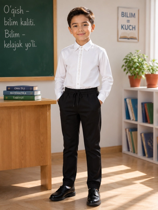 Oq ko‘ylak, maktab formasi, uzun yengli, o‘g‘il bolalar uchun - 
