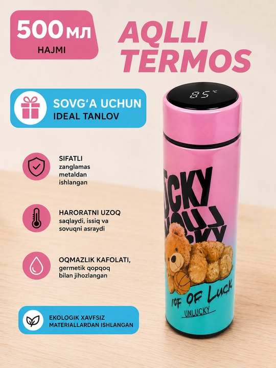Termos, 500 ml, aqlli harorat indikatori, 304 zanglamas po‘lat, bolalar uchun ajoyib sovg'a - 