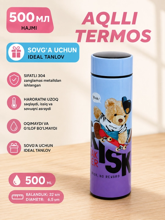 Termos, 500 ml, aqlli harorat indikatori, 304 zanglamas po‘lat, bolalar uchun ajoyib sovg'a - 