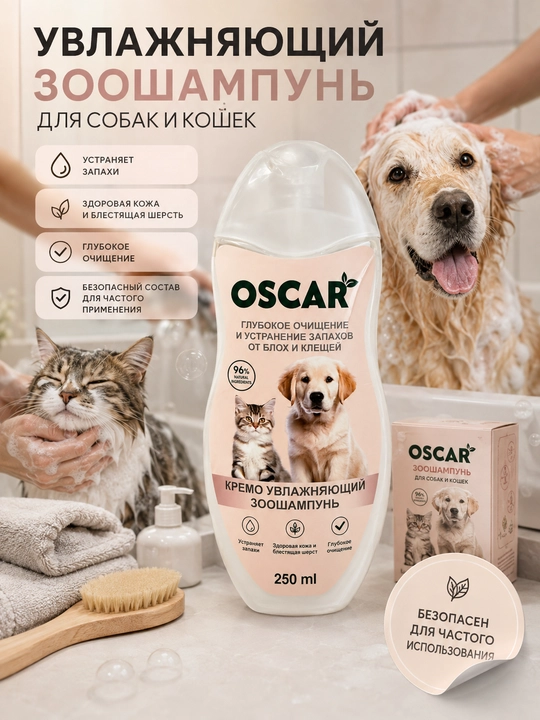 It va mushuklar uchun namlovchi zooshampun OSCAR, 250 ml, chuqur tozalash