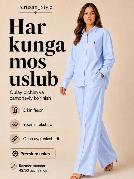 Ayollar kostyumi, klassik yo‘l-yo‘l ko‘ylak, kundalik to‘plam, standart 42-50