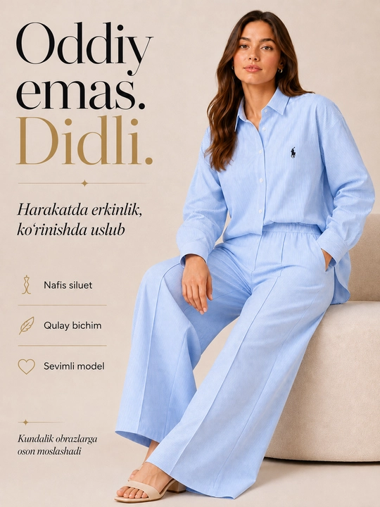 Ayollar kostyumi, klassik yo‘l-yo‘l ko‘ylak, kundalik to‘plam, standart 42-50