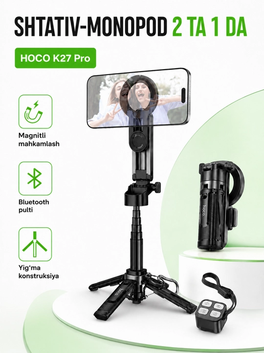 Telefon uchun shtativ-monopod HOCO K27 Pro 2 tasi 1 da magnitli ushlagich vaBluetooth pult - 