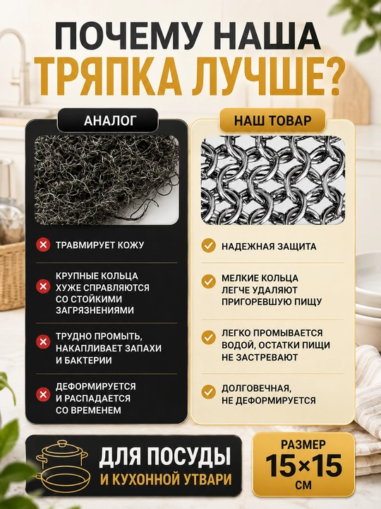 Металлическая тряпка для посуды из нержавеющей стали 15х15 см