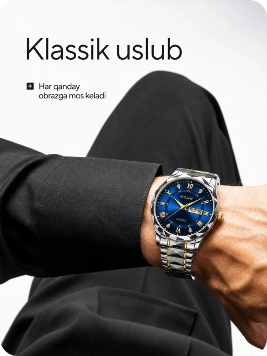 Erkaklar qo‘l soati, kvars mexanizmli, zamonaviy soat