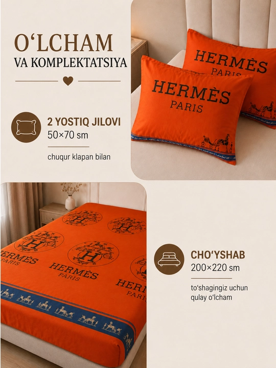 Ikki kishilik karavot uchun choyshab to‘plami, choyshab va 2 ta yostiq jildi, paxta