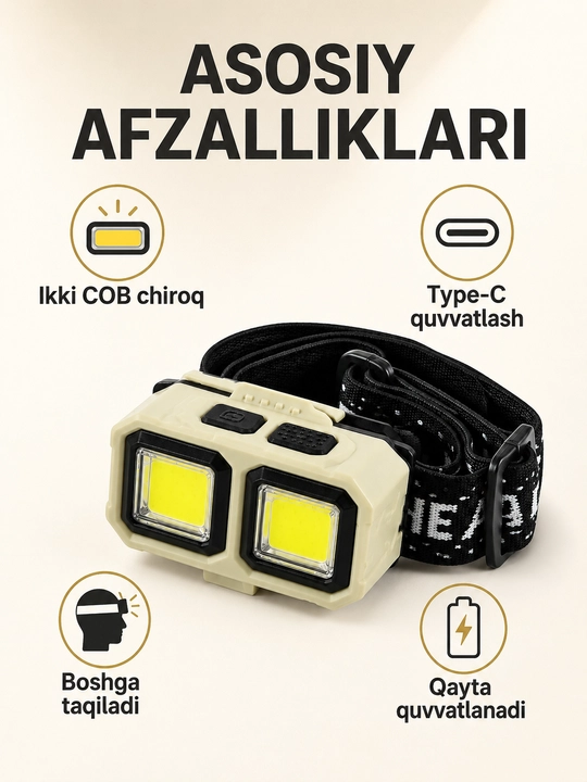 Bosh fonari, 2 ta COB LED chiroqli, qayta quvvatlanadigan, elastik tasmali - 