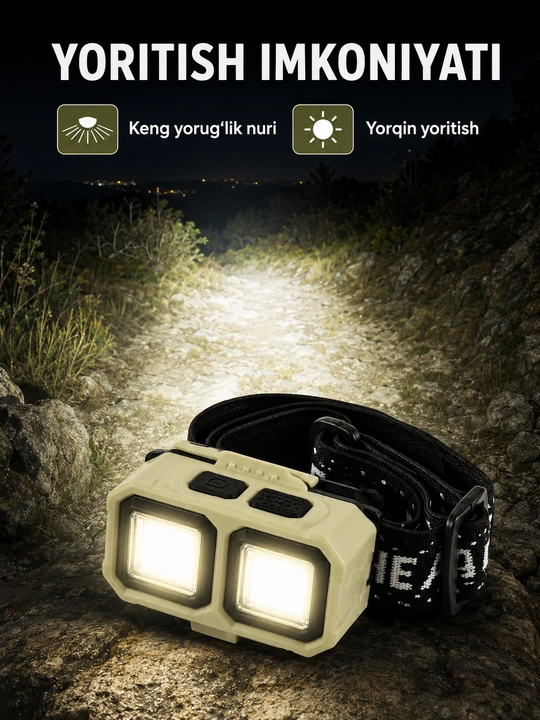 Bosh fonari, 2 ta COB LED chiroqli, qayta quvvatlanadigan, elastik tasmali