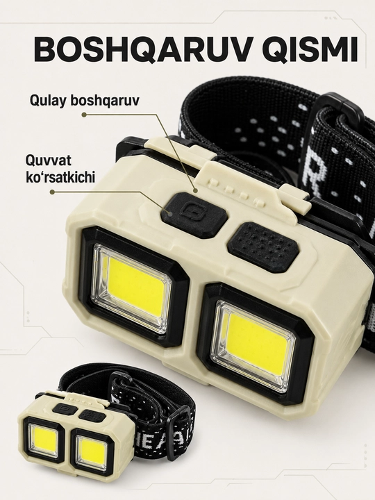 Bosh fonari, 2 ta COB LED chiroqli, qayta quvvatlanadigan, elastik tasmali