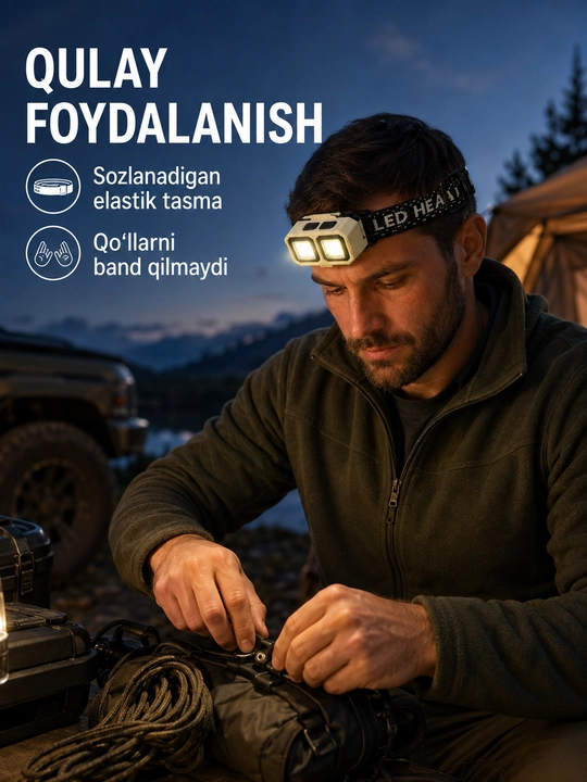Bosh fonari, 2 ta COB LED chiroqli, qayta quvvatlanadigan, elastik tasmali