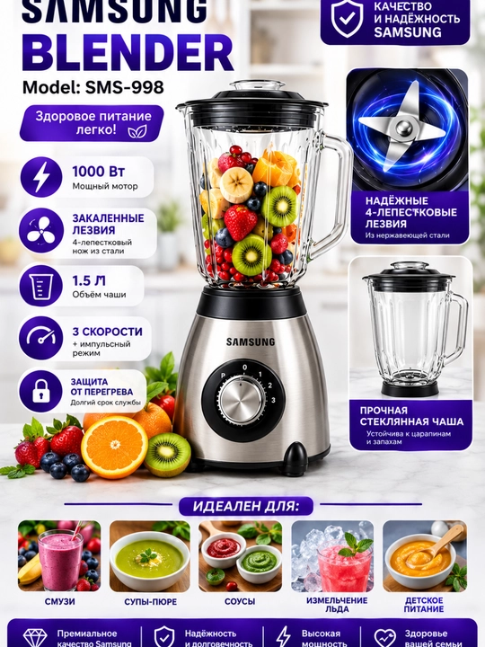 Blender Statsionar 1000-1500 Vt, 1.5 l, 3 tasi 1 da, kofe maydalagich bilan