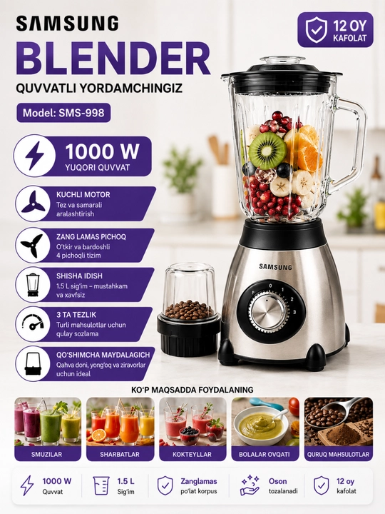 Blender Statsionar 1000-1500 Vt, 1.5 l, 3 tasi 1 da, kofe maydalagich bilan