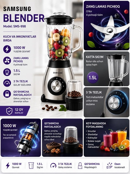 Blender Statsionar 1000-1500 Vt, 1.5 l, 3 tasi 1 da, kofe maydalagich bilan
