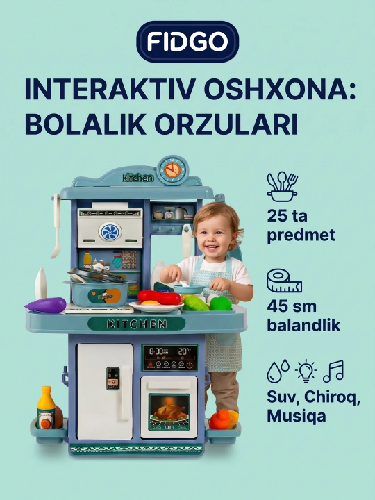Suv va bug‘ effekti bilan jihozlangan bolalar o‘yinchoq oshxonasi, idish-tovoqlar to‘plami - 
