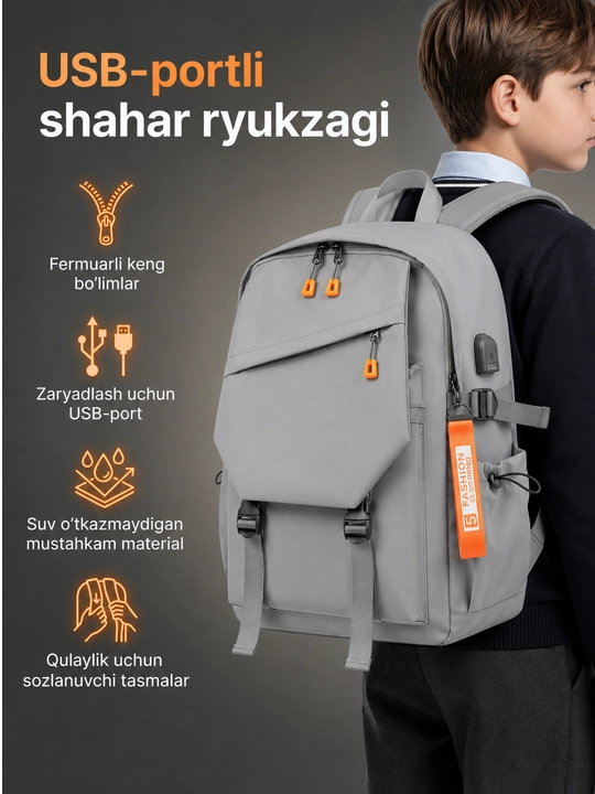 Shahar maktab ryukzagi USB quvvatlash porti bilan, suv o'tkazmaydigan, noutbuk uchun - 