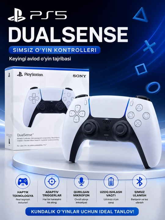 Bluetooth, tebranish va premium dizaynli PS5 DualSense simsiz kontrolleri - 