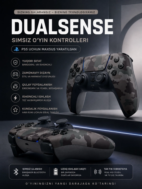 Bluetooth, tebranish va premium dizaynli PS5 DualSense simsiz kontrolleri - 