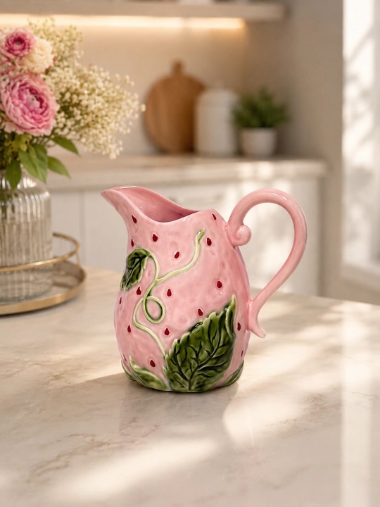 Розовый керамический кувшин декоративный молочник, с фруктовым декором Pinterest - 