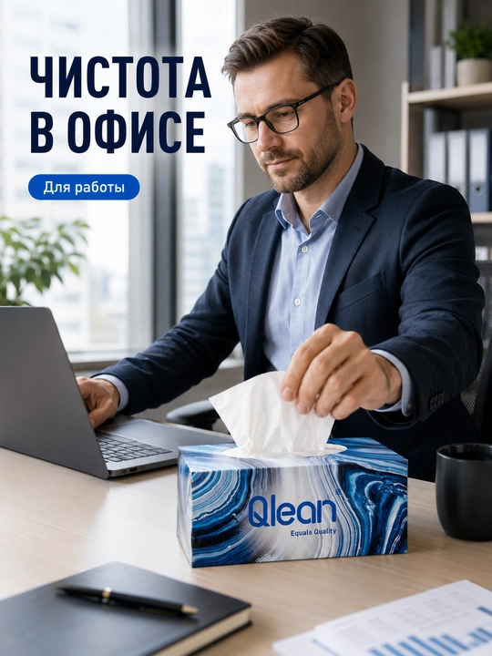 Qlean yuz uchun qog‘oz salfetkalar, 2 qavatli, 100 dona, qutida