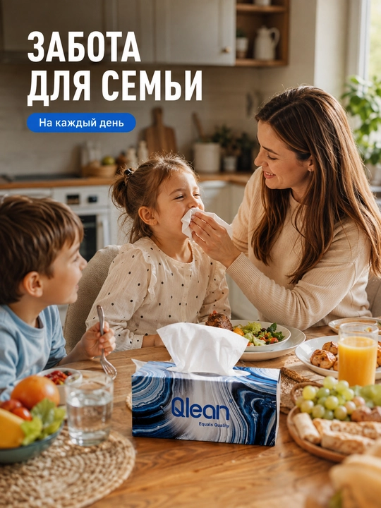 Qlean yuz uchun qog‘oz salfetkalar, 2 qavatli, 100 dona, qutida