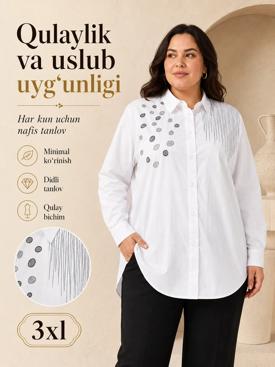 Ayollar uchun oq rubashka klassik, ayolla oq ko‘ylagi, katta 3xl razmer ayollar oq bluzkasi,