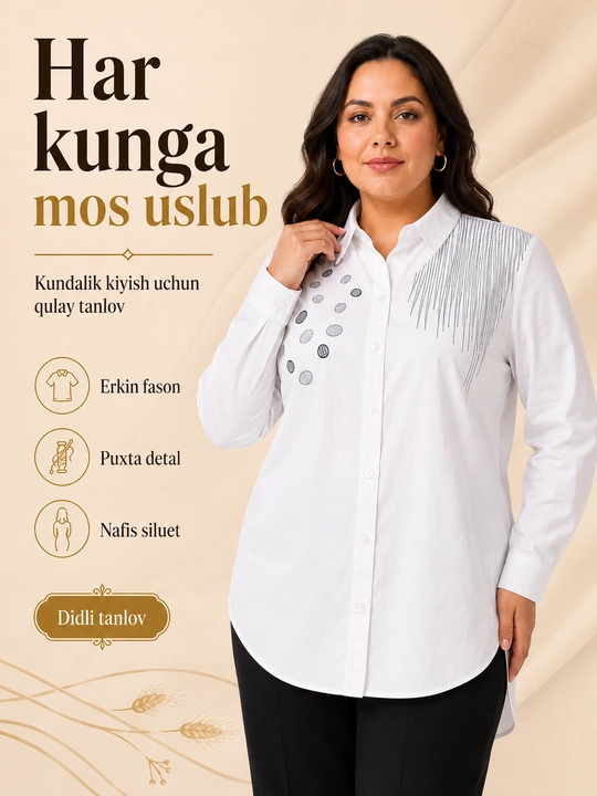 Ayollar uchun oq rubashka klassik, ayolla oq ko‘ylagi, katta 3xl razmer ayollar oq bluzkasi,