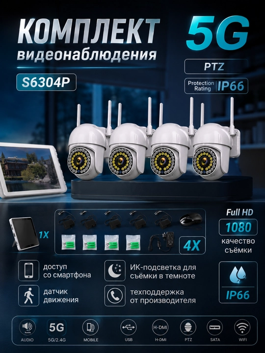 WiFi камера видеонаблюдения 5G 1080P IP66 с датчиком движения, 4 камеры и регистратор