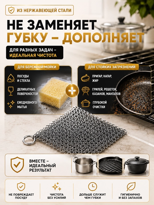 Металлическая тряпка для посуды из нержавеющей стали 15х15 см