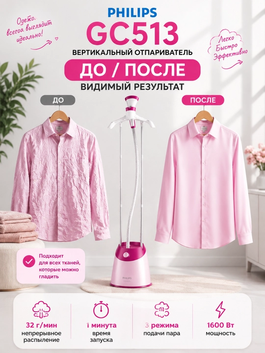 Philips kiyimlar uchun vertikal bug‘lagich, kuchli va uzluksiz bug‘ berish tizimi - 