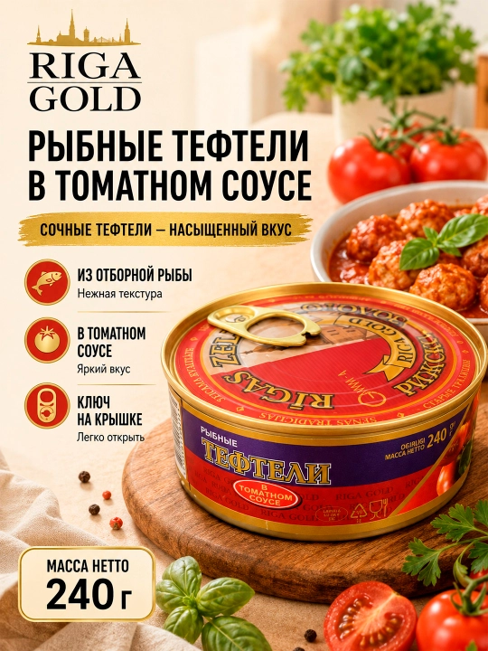 Тефтели рыбные Riga Gold в томатном соусе, 240 г, с ключом - 