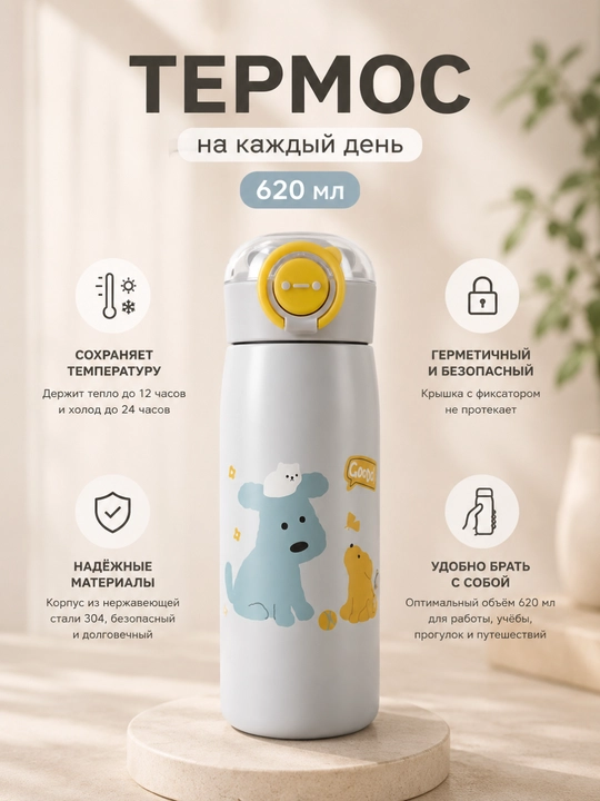 Детский термос 620 мл с трубочкой, герметичной крышкой, из нержавеющей стали