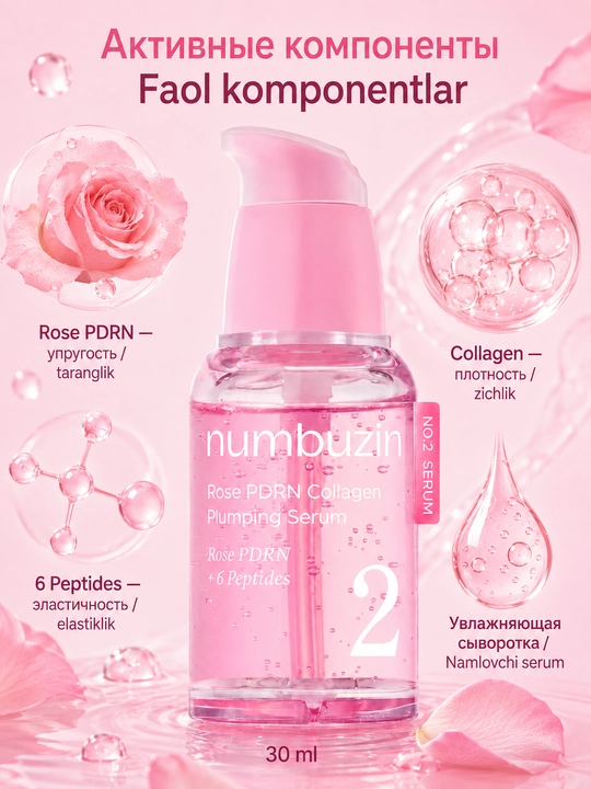 Numbuzin No.2 Rose PDRN Collagen Plumping Serum namlantiruvchi serumi, PDRN va peptidlar bilan