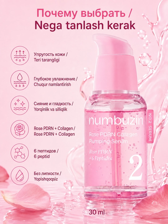 Numbuzin No.2 Rose PDRN Collagen Plumping Serum namlantiruvchi serumi, PDRN va peptidlar bilan