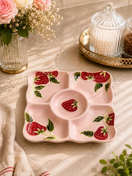Розовая керамическая конфетница, 5 секций, с клубникой, Pinterest - 