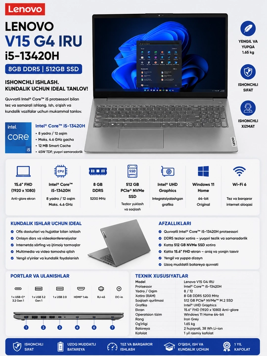 Lenovo V15 G4 IRU noutbuk, i5-13420H, 8GB, 512GB SSD, 15.6 FHD IPS - 