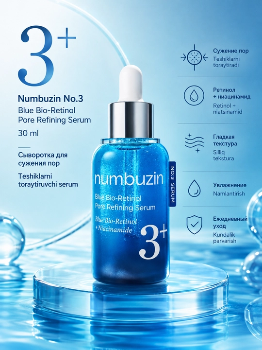 Numbuzin No.3 Blue Bio-Retinol Pore Refining Serum retinolli g‘ovaklar uchun zardobi, 30 ml - 